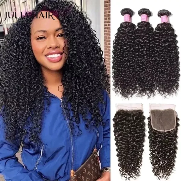 Julia Hair Curly Weave Human Hair 3 Bundles With Closure 4PCS